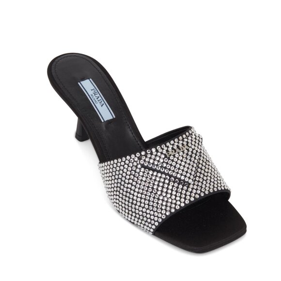 Prada Logo Slide Sandals Satin Crystal Embellished Kitten Heels Black - Picture 3 of 8